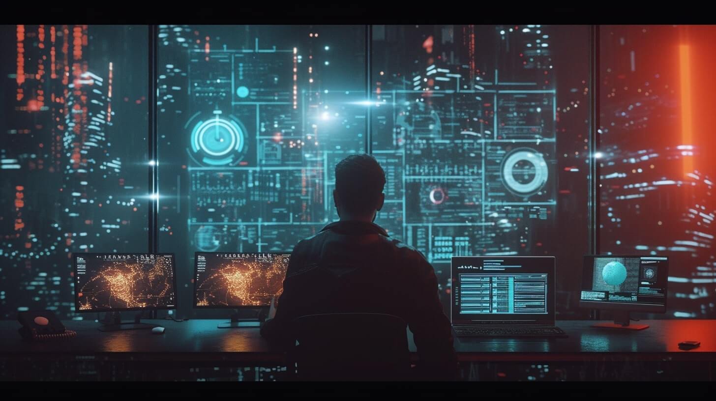 En Säkerhetsarkitekt sitter vid ett skrivbord vänd mot flera datorskärmar och visar intrikata data och grafik, i en svagt upplyst, högteknologisk miljö.