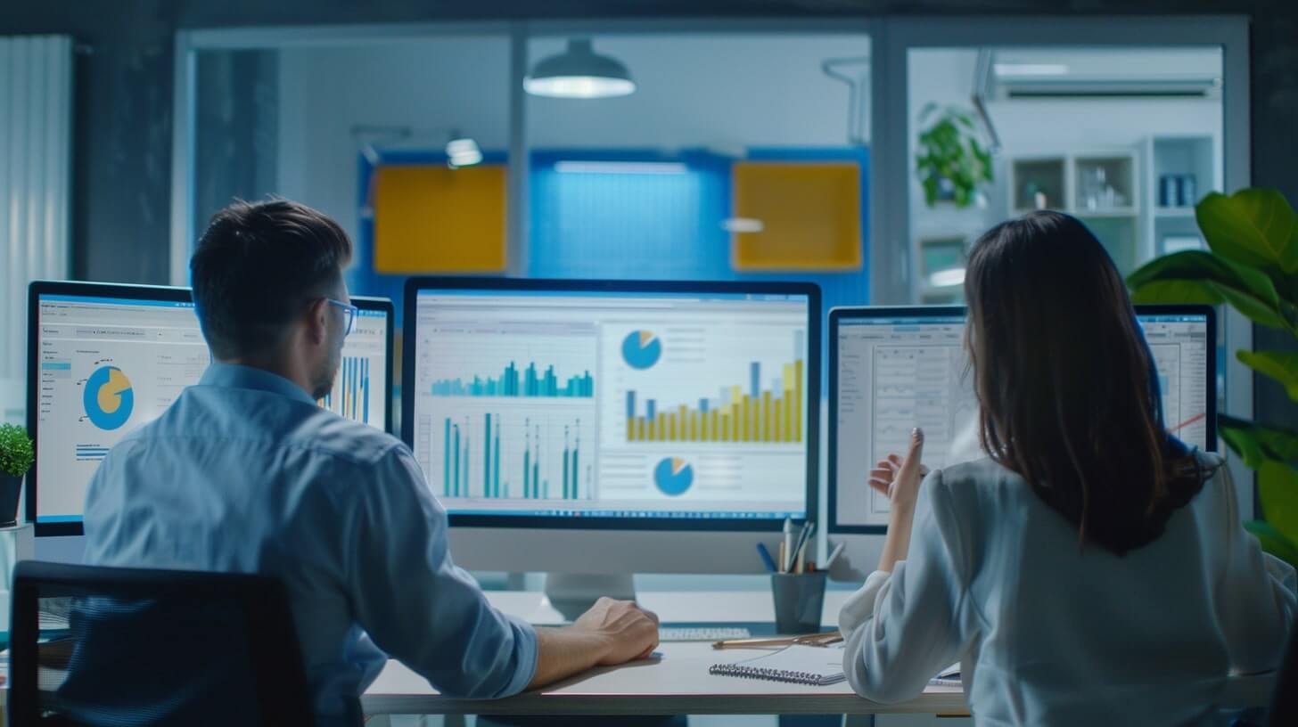 Två Affärsanalytiker analyserar data på stora datorskärmar i en kontorsmiljö. Skärmarna visar olika grafer och diagram.
