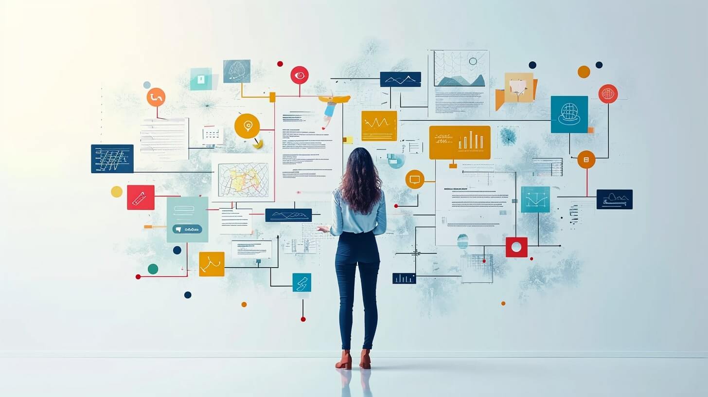 En kvinna står framför en vägg fylld med olika diagram, grafer och dokument och till synes analyserar data som presenteras som en IT-strategi – den moderna erans framtidens superhjälte.